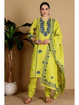 Kaanchie Nanggia - Women Green Cotton Embroidered Kurta with Churidar and Dupatta