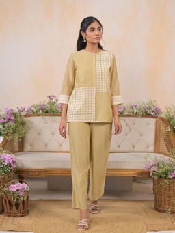 Suramya - Women Beige Chanderi Embroidered Top with Pant
