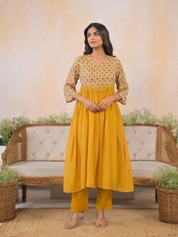 Suramya - Women Mustard Chanderi Embroidered Kurta with Pant