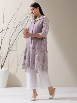 Swtantra - Women Purple Satin Embroidered Kurta with Pant