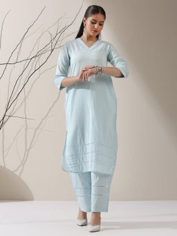 Swtantra - Women Blue Cotton Blend Solid Kurta with Pant