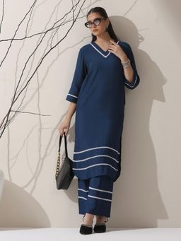 Swtantra - Women Navy Blue Cotton Blend Solid Kurta with Pant