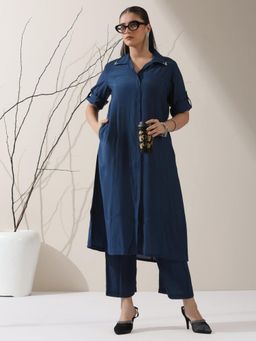 Swtantra - Women Navy Blue Cotton Blend Solid Kurta with Pant