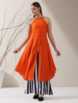 Swtantra - Women Orange Cotton Blend Solid Kurta with Palazzo