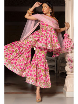 POMCHA - Nazakat Pink Cotton Hand Block Sharara (Set of 3)