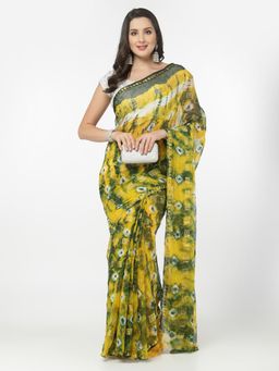 KISHORI - Chiffon Laddoo Tie & Dye Print and Zari Weaving Saree with Unstitched Blouse