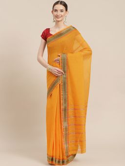 ISHIN - Womens Cotton Blend Mustard Solid Woven Saree with Unstitched Blouse