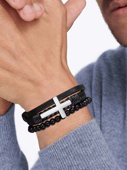 Peora - Men Black Leather Stainless Steel Openable Bracelet