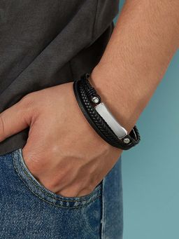 Peora - Men Black Leather Stainless Steel Metal Fancy Bracelet