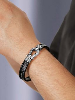 Peora - Black Leather Stainless Steel Openable Bracelet