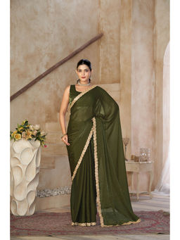 Kasee - Women Silk Blend Olive Lace Border Saree with Unstitched Blouse
