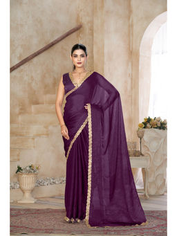Kasee - Women Silk Blend Purple Lace Border Saree with Unstitched Blouse