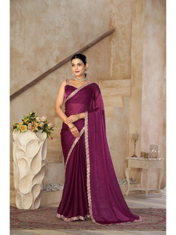 Kasee - Women Silk Blend Wine Lace Border Saree with Unstitched Blouse