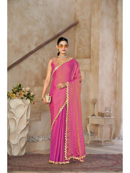 Kasee - Women Silk Blend Pink Lace Embellished Border Saree with Unstitched Blouse