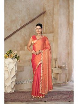 Kasee - Women Silk Blend Rust Lace Embellished Border Saree with Unstitched Blouse
