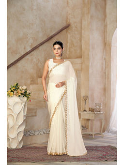 Kasee - Women Silk Blend White Lace Embellished Border Saree with Unstitched Blouse