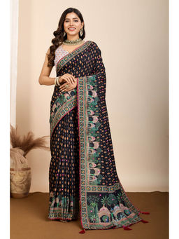 Mysilklove - Raven Black Printed Cotton Saree with Unstitched Blouse