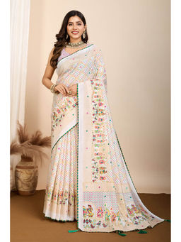 Mysilklove - Powder White Printed Cotton Saree with Unstitched Blouse