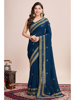 Mysilklove - Navy Blue Designer Partywear Saree with Unstitched Blouse