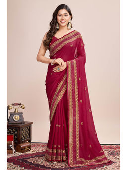 Mysilklove - Cardinal Red Designer Partywear Saree with Unstitched Blouse