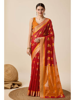 Mysilklove - Cherry Red Cotton Soft Silk Saree with Unstitched Blouse