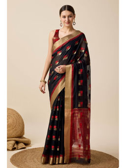 Mysilklove - Charcoal Black Cotton Soft Silk Saree with Unstitched Blouse