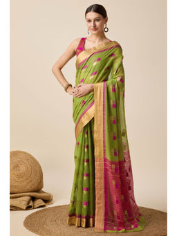 Mysilklove - Forest Green Cotton Soft Silk Saree with Unstitched Blouse
