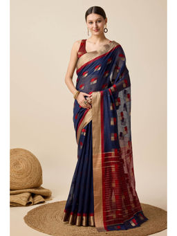 Mysilklove - Indigo Blue Cotton Soft Silk Saree with Unstitched Blouse