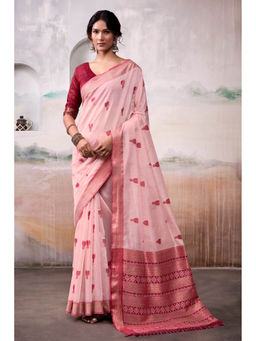 Mysilklove - Coral Pink Woven Modal Cotton Saree with Unstitched Blouse