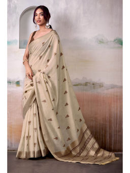 Mysilklove - Ivory Cream Woven Modal Cotton Saree with Unstitched Blouse