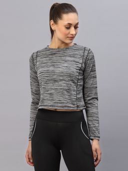 RIGO - Women Grey Round Neck Full Sleeve Activewear Crop T-shirt