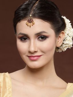 PANASH - Gold Plated Red Stones and Pearls Maang Tikka