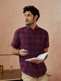 Andamen - Purple Burgundy Grid Linen - Half Regular Fit Casual Shirt