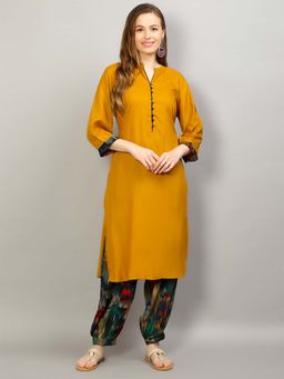 Shree - Women Rayon Mustard & Blue Solid Kurta With Harem Pant (Set Of 2)
