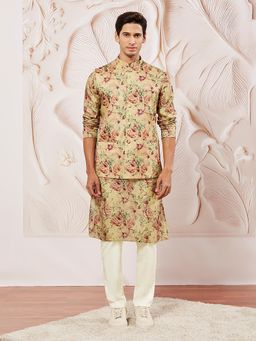 Vastramay - Beige Floral Mandarin Neck Kurta Pyjama with Jacket