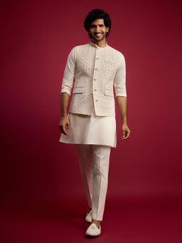 Vastramay - Cream Embroidered Mandarin Neck Kurta Pant With Jacket