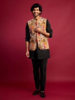 Vastramay - Black Embroidered Mandarin Neck Kurta Pant With Jacket