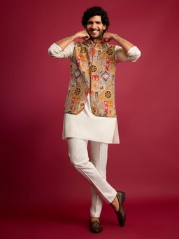 Vastramay - Cream Embroidered Mandarin Neck Kurta Pant With Jacket