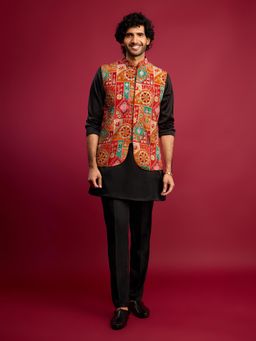 Vastramay - Black Embroidered Mandarin Neck Kurta Pant With Jacket