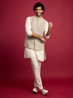 Vastramay - Grey Embroidered Mandarin Neck Kurta Pant With Jacket