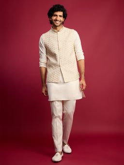 Vastramay - Cream Embroidered Mandarin Neck Kurta Pant With Jacket
