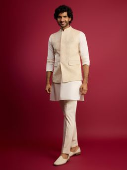 Vastramay - Cream Embroidered Mandarin Neck Kurta Pant With Jacket