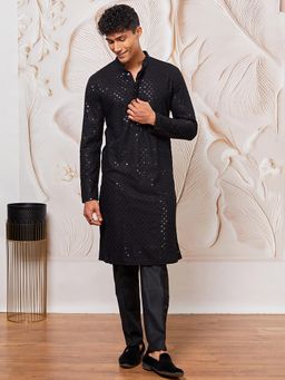 Vastramay - Black Embroidered Mandarin Neck Kurta with Pant