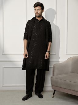 Vastramay - Black Embroidered Mandarin Neck Kurta Pyjama With Dupatta