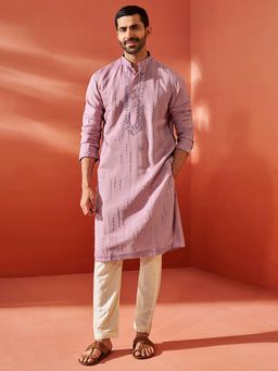 Vastramay - Pink Embroidered Mandarin Neck Kurta With Pyjama