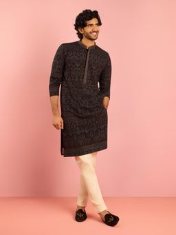 Vastramay - Black Embroidered Mandarin Neck Kurta With Pyjama