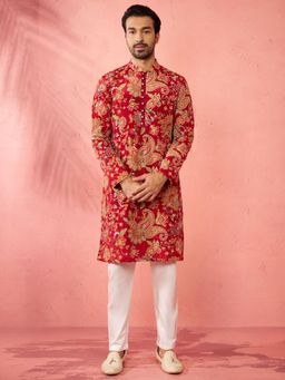 Vastramay - Maroon Embroidered Mandarin Neck Kurta With Pyjama