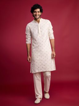Vastramay - White Embroidered Mandarin Neck Kurta with Pyjama