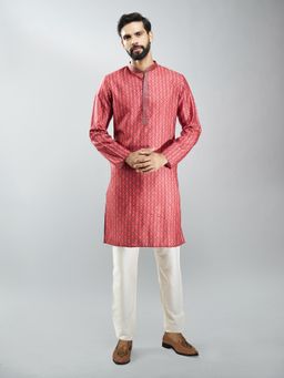 Vastramay - Maroon Embroidered Mandarin Neck Kurta with Pyjama