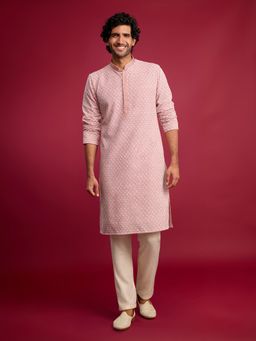 Vastramay - Pink Embroidered Mandarin Neck Kurta With Pyjama